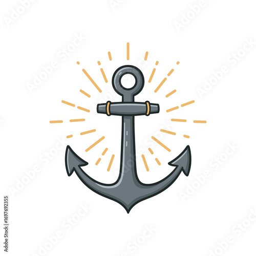 Hand-drawn anchor with sunburst lines in nautical style – stock vector flat illustration