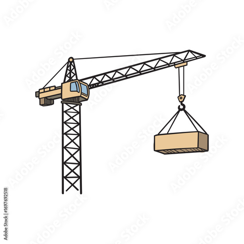 Tower crane lifting heavy load in construction area – stock vector flat illustration