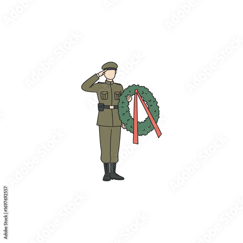 Young caucasian female soldier saluting with memorial wreath – stock vector flat illustration