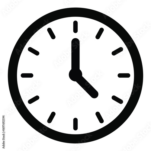 Simple icon of a round analog clock face indicating 4 oclock with bold black hands vector