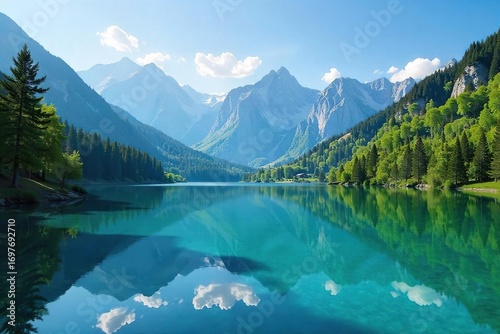 Serene landscape of a tranquil lake reflecting the surrounding trees and mountains under a clear blue sky Perfect for travel, nature, and serenity themes , view, trees, tranquil