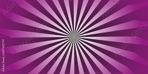 Radiating purple and lavender burst background. Pink background with white sun ray. Pattern of starburst. Abstract ultra pink texture with light of sunburst. Pink retro striped background. 