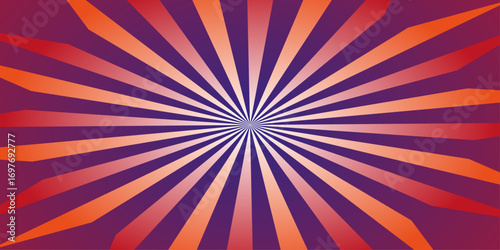 Radiating red orange lavender burst background. red orange background with white sun ray. Pattern of starburst. Abstract ultra red texture with light of sunburst. Pink retro striped background. 