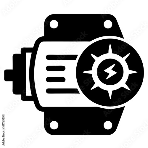 Starter motor black and white vector icon on white background.