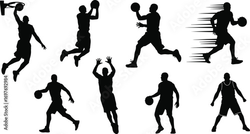 Dynamic basketball player silhouettes in action, dribbling, dunking, shooting, running, fast movement, sports vector illustration, athletic poses, game moments.