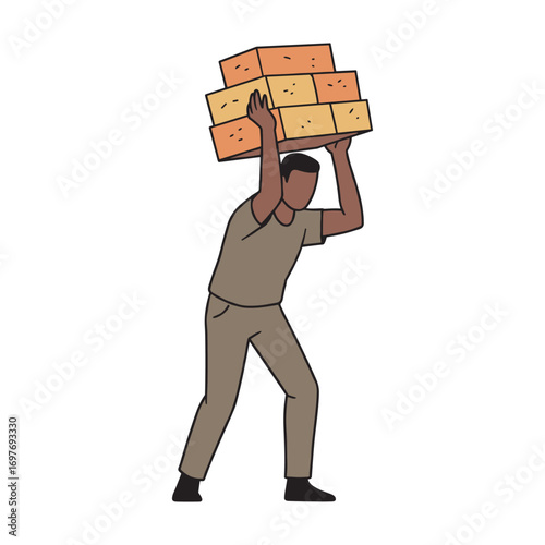 African adult male carrying heavy boxes overhead with effort – stock vector flat illustration