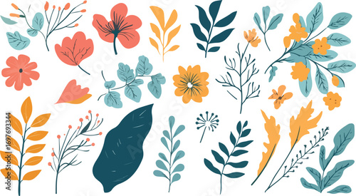 Collection of hand drawn botanical elements featuring autumn leaves and flowers in warm tones
