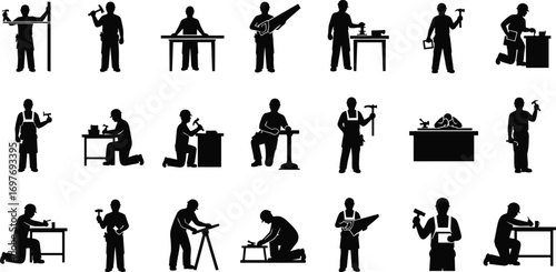 Silhouettes of Manual Workers with Hammers, Saws, and Tools in Action Poses for Carpentry, Workshop, and Industrial Design Use
