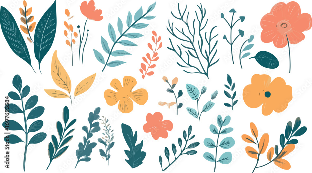 Obraz premium A vibrant collection of hand drawn botanical elements and floral illustrations in various colors