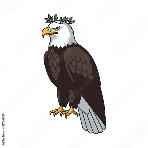Cartoon bald eagle with laurel wreath symbolizing peace and strength – stock vector flat illustration