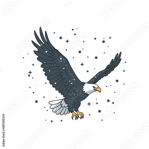 Illustrated bald eagle in flight with outstretched wings and stars – stock vector flat illustration