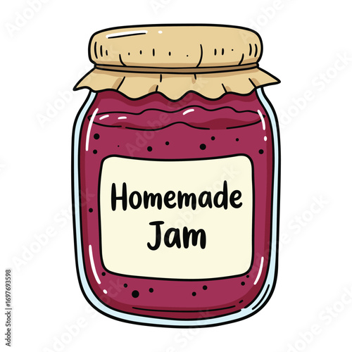 Homemade jam jar with purple fruit contents and brown paper lid – stock vector flat illustration