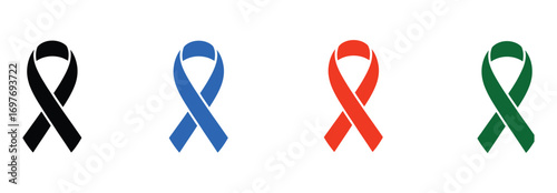 Breast cancer ribbon icon set. Cancer charity awareness ribbon vector symbol in blackand colourfull filled and outlined style