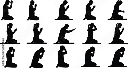 Silhouettes of men and women kneeling in prayer or meditation, spiritual poses of devotion, worship, and inner peace