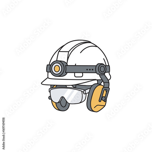 Construction helmet with headlamp and safety glasses illustration – stock vector flat illustration