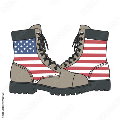 American flag combat boots reflecting patriotic style – stock vector flat illustration