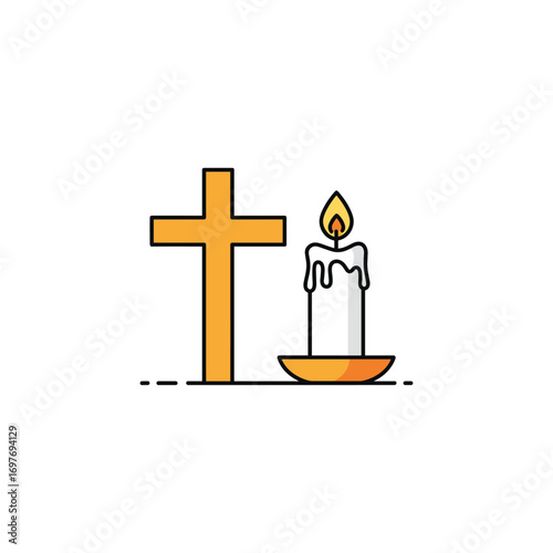Cross and candle icon representing faith and spirituality in simple line art design – stock vector flat illustration