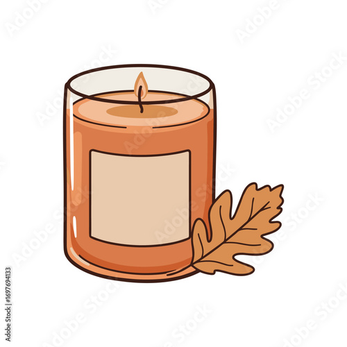 Autumn scented candle with oak leaf illustration – stock vector flat illustration