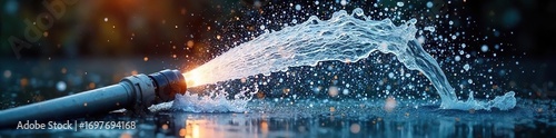 Powerful High-Pressure Water Jet Spraying Outwards, Dynamic Industrial Cleaning Imagery