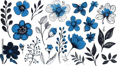 Collection of hand drawn blue flowers and botanical elements with sketchy outlines