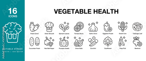 Vegetable Health icon set. Includes food, diet, healthy, organic, fresh, nutrition, and More. Editable Stroke Icon Collection.