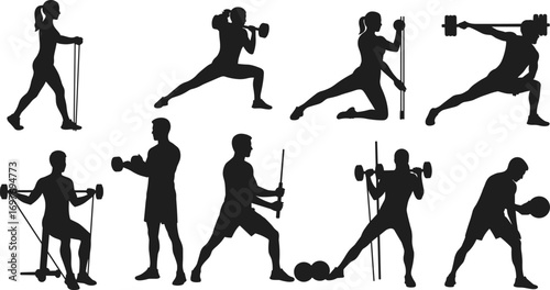 Fitness Training Silhouettes – Resistance Bands, Dumbbells & Barbell Exercises Vector
