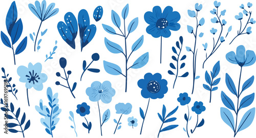 Collection of various blue watercolor floral elements and botanical illustrations on a white background