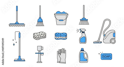 Cleaning supplies icons: broom, mop, vacuum, bucket, soap, sponges, gloves, and spray bottle.