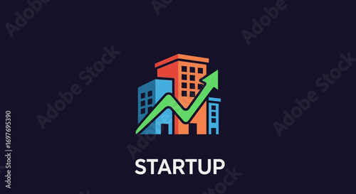 Colorful logo for a startup company, featuring buildings and a rising arrow graph, symbolizing growth.