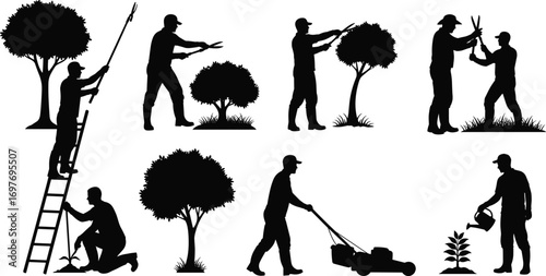 Gardening and Landscaping Silhouettes – Tree Pruning, Lawn Mowing, Watering Plants, Hedge Trimming, Planting, Outdoor Yard Work Vector Silhouettes