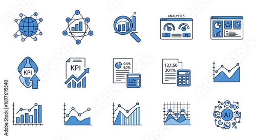 Collection of simple, blue icons representing various business analytics and key performance indicators (KPIs).