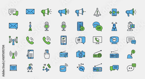 Collection of communication and media icons in a grid format, showing various methods of broadcasting and receiving information.