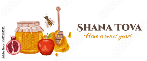Happy Rosh Hashanah greeting banner with honey jar and dipper. Shana Tova poster with apple and pomegranate