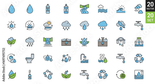 A collection of various water-related icons, illustrating different concepts and uses.