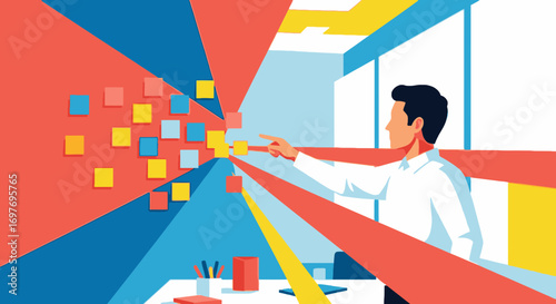 Businessman in a modern office organizing ideas and strategy on a wall of colorful sticky notes.
