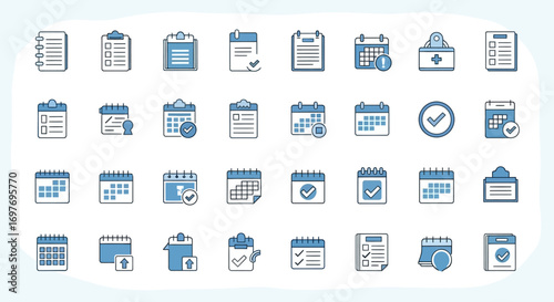 Collection of various blue and white calendar and checklist icons, representing different scheduling and task management tools.