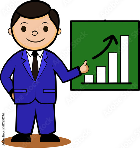 Businessman presenting growth chart and graph illustration. Vector cartoon illustration.