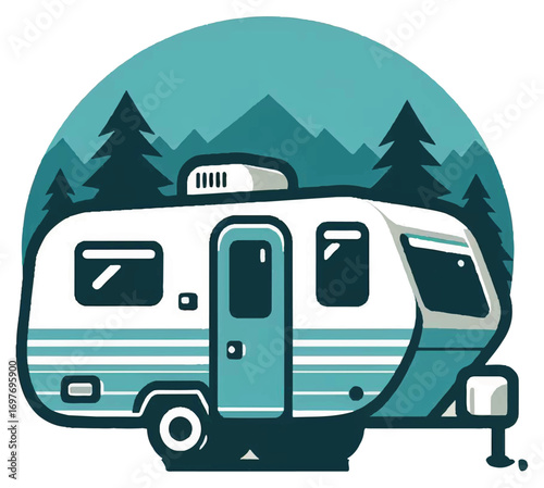 Illustration of a vintage camper trailer with mountains and trees in the background.