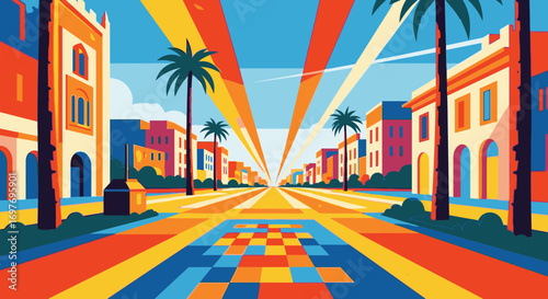 Vibrant pop art illustration of a sunny city street with palm trees and a colorful, vanishing perspective.