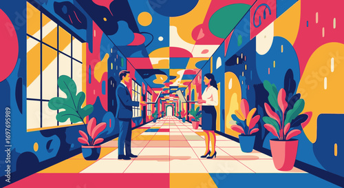 Vibrant illustration of a modern office corridor with two colleagues discussing work amidst colorful, abstract wall art.