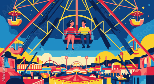 Illustrated couple on a colorful Ferris wheel overlooking a bustling carnival at dusk.