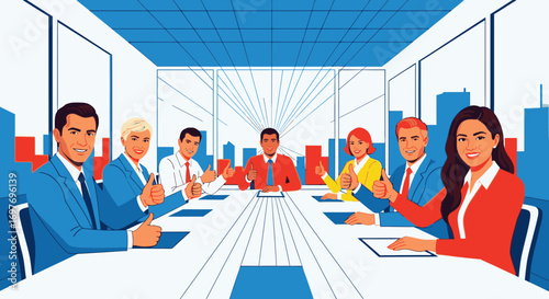 A diverse team of business professionals in a modern boardroom meeting giving a thumbs-up sign of approval.