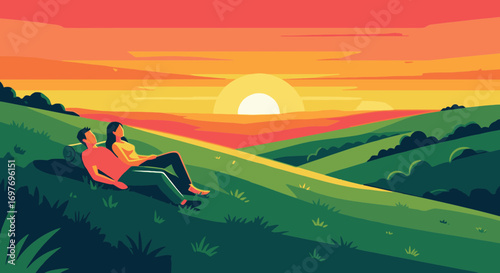 A romantic couple relaxes on a lush green hillside, watching a vibrant and colorful sunset together.