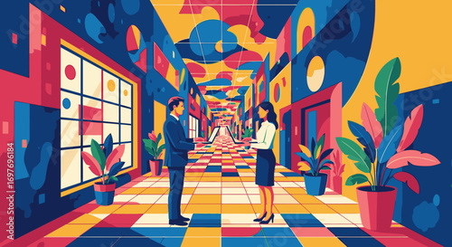A businessman and businesswoman conversing in a vibrant, surreal, and colorful office hallway.
