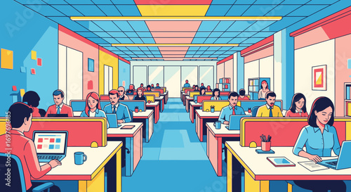 A vibrant, colorful illustration of a busy open-plan office with employees working diligently at their computer desks.