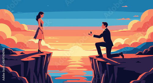 A man on one knee proposes with a ring to a woman standing on an opposite cliff at sunset.