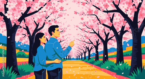A couple in love strolls down a path lined with beautiful pink cherry blossom trees in a vibrant illustration.