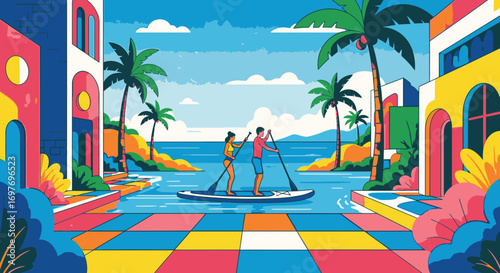 A vibrant illustration of a couple stand-up paddleboarding in a colorful, stylized tropical coastal town.