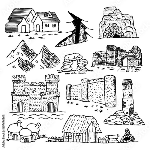 Hand drawn vintage illustration set of medieval houses, castles, ruins, stone walls, and towers in doodle sketch style.