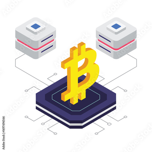 Digital Bitcoin Network isometric vector illustration.